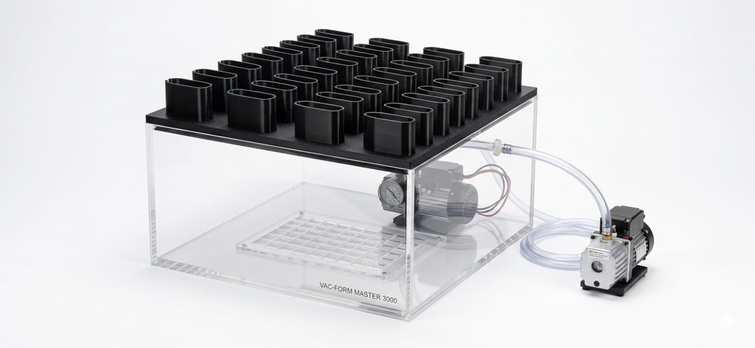 Custom PETG Vacuum Table Top A transparent box with a grid of black cylinders and a motorized pump attached.
