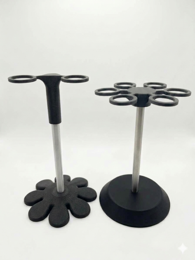 PA-CF Shear Holder (2 or 6 Station) Two creative stand designs with circular grips, one with a flower-shaped base and the other round.