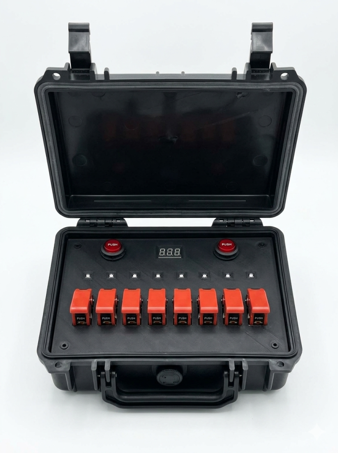 Custom Glass-Filled ASA Panel Insert Black portable case with a control panel featuring red buttons and switches.